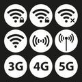 Wifi and wireless icon set for remote internet access. Podcast vector symbols. 3G, 4G and 5G technology signs. Royalty Free Stock Photo